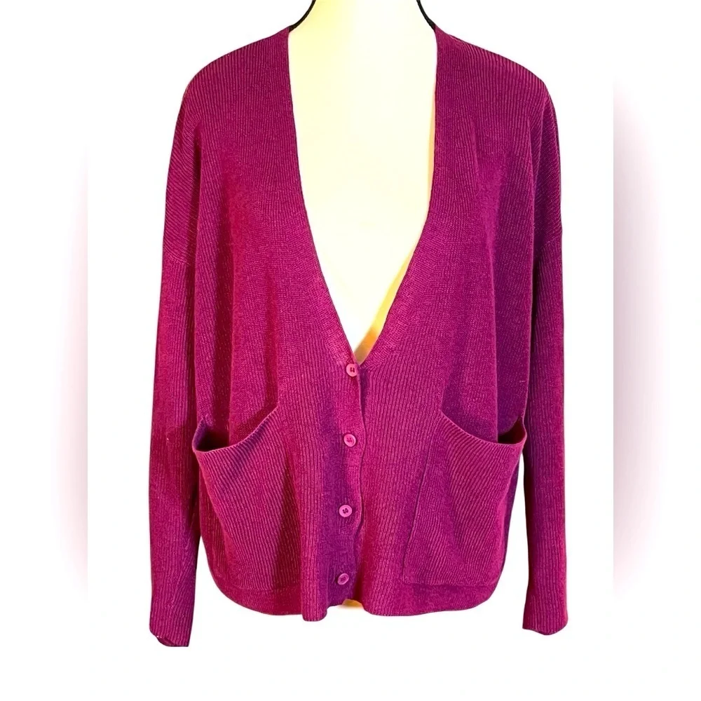 Eileen Fisher Raspberry V-Neck Organic Linen/Organic Cotton Cardigan Womens Sz S - Picture 1 of 9